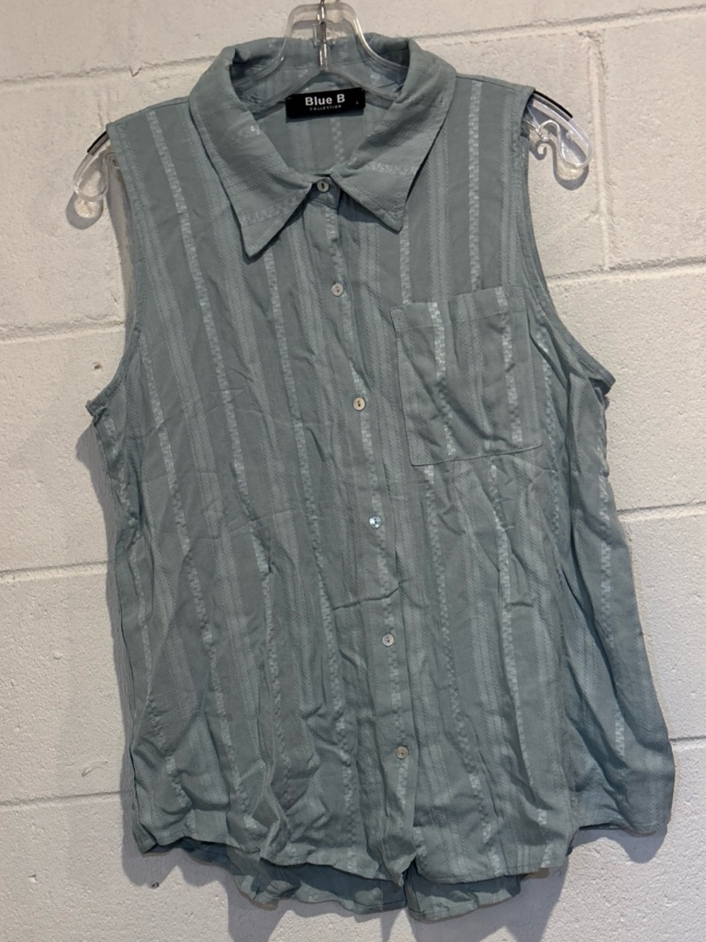 Blue B Collection women’s sleeveless top green striped  button up chest pocket